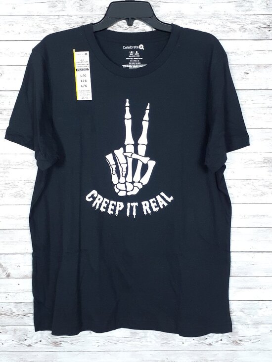 Celebrate It Other - Halloween Adult Crew Neck T-Shirt L Tee Creep It Real Skeleton Black 996A